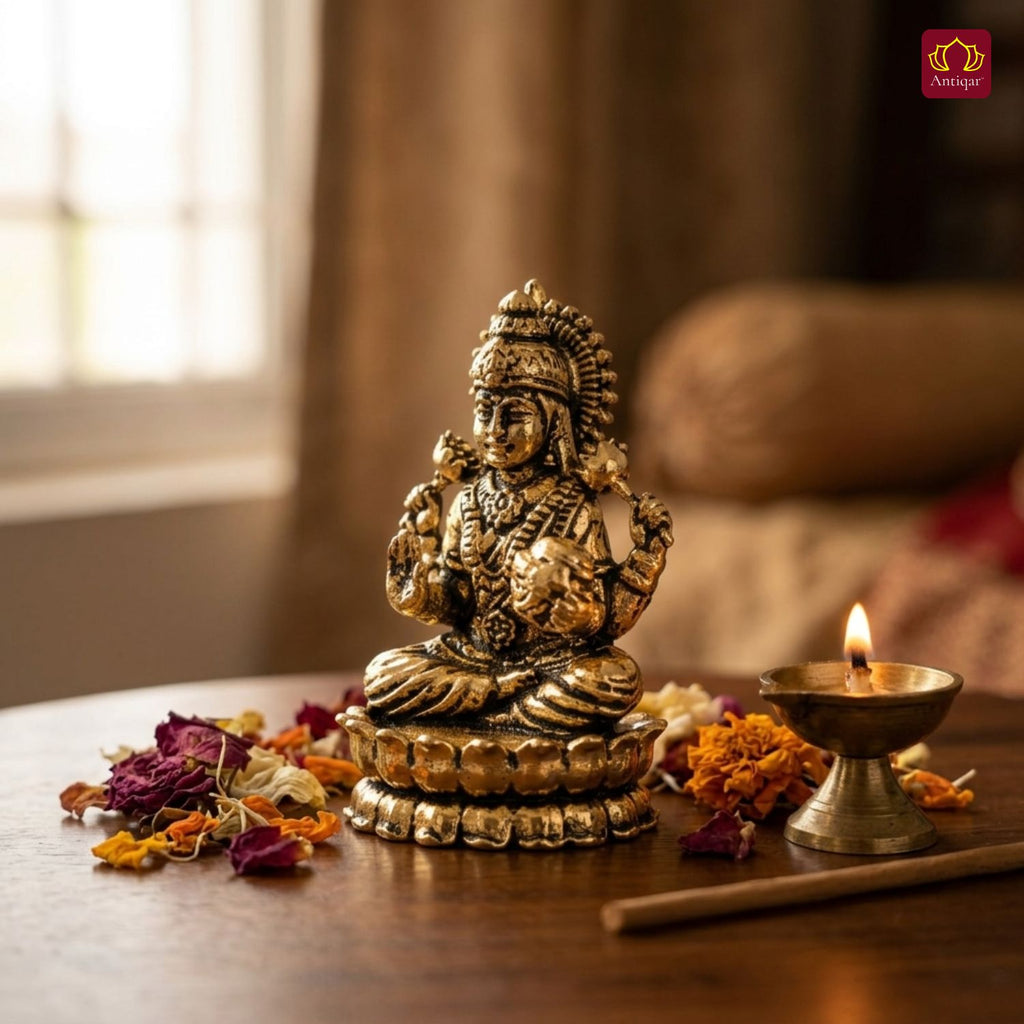 Brass Lakshmi JI Idol - 4.5cm | Golden Finish | Spiritual Decor for Temple, Home & Car Dashboard