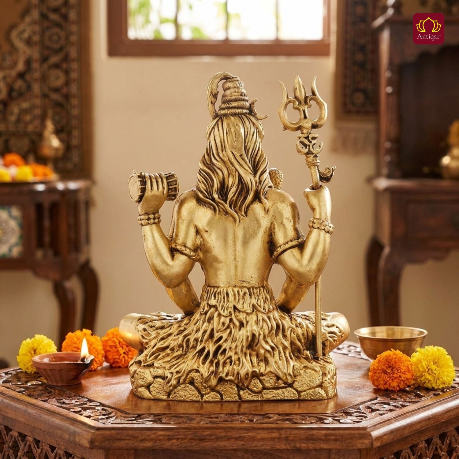Brass Shiv Ji Idol - 12.5 cm | Antique Finish with Trisul | Spiritual use for Temple, Home & Car Decor