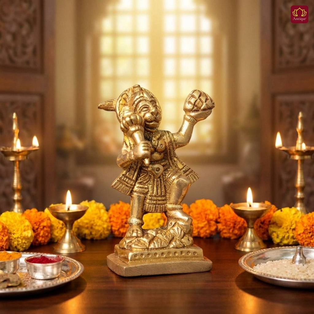 Standing Hanuman Ji Brass Idol - 8cm | Antique Golden Finish | Handcrafted Statue for Temple, Home & Car Dashboard Decor