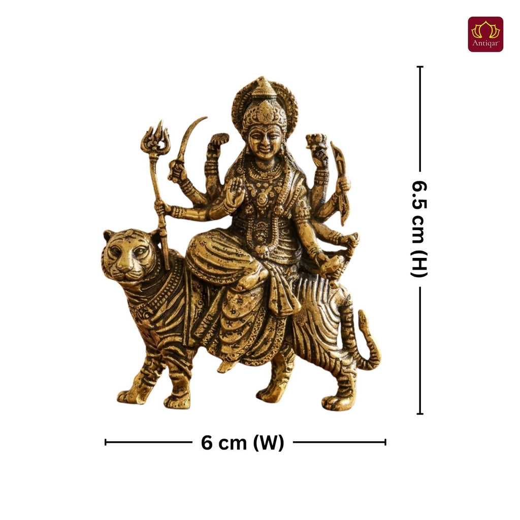 Brass Sherawali Maa Idol - 6.5cm | Sitting onTiger | Antique Golden Finish | Spiritual Idol for Temple & Home Decor