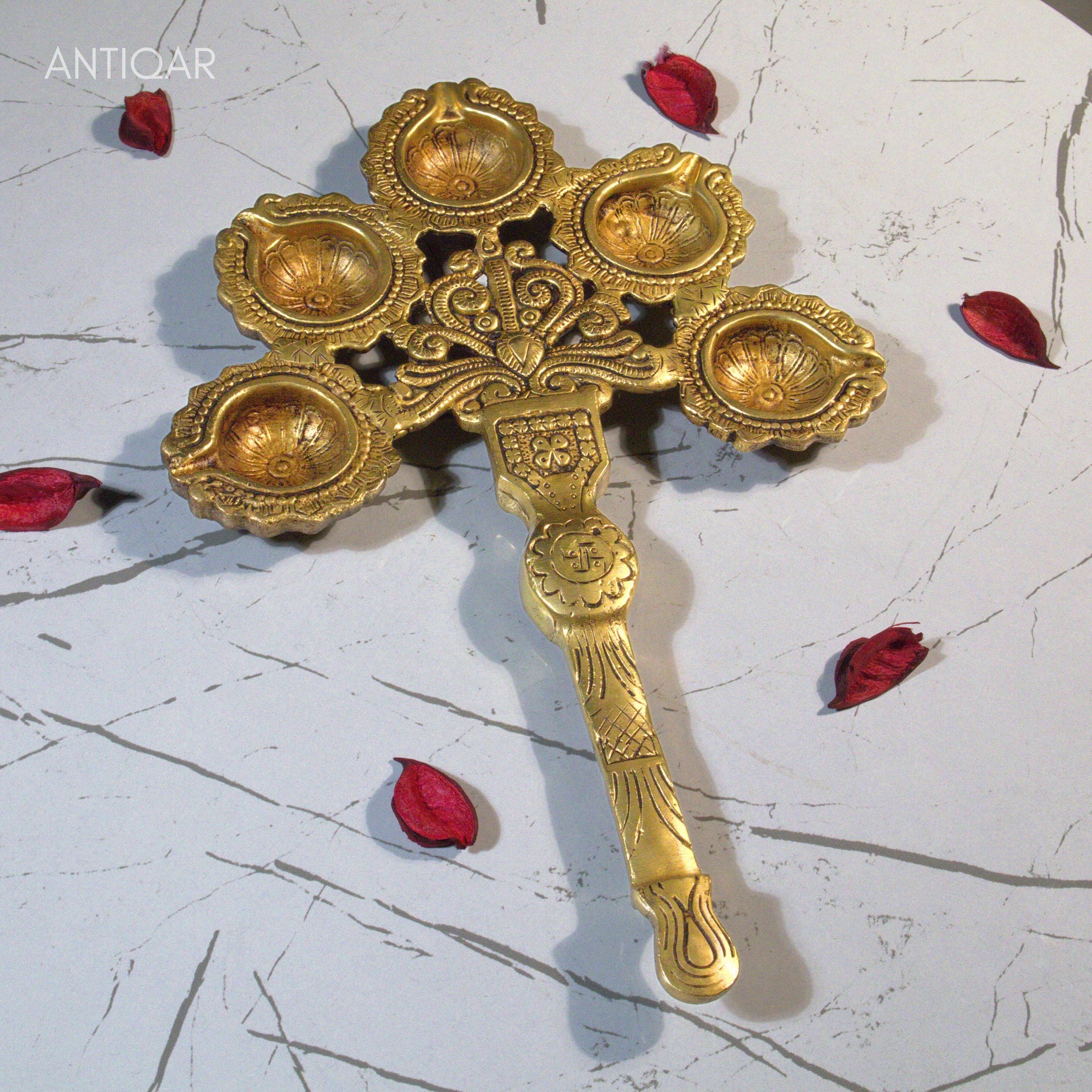 Brass Panch diya Aarti in Vintage Design Handle - 3cm | Antique Golden Finish | Handcrafted for Pooja Temple & Festival Decor