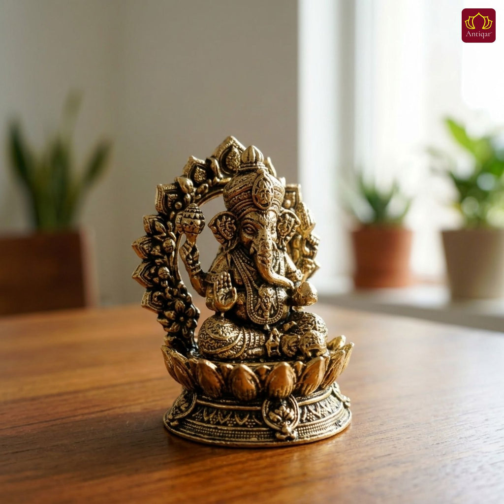 Brass Ganesh JI Idol - 4cm | Golden Finish | Spiritual Decor for Temple, Home & Car Dashboard