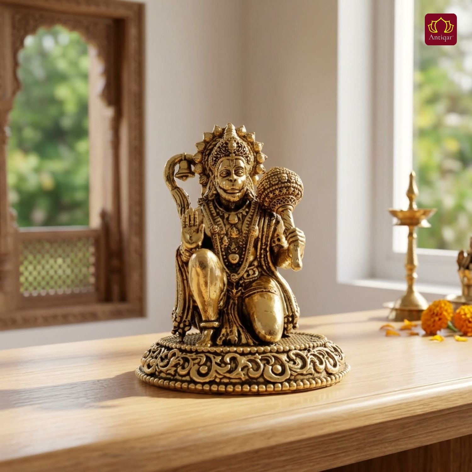 Brass Hanuman Ji Idol -7.5 cm | Golden Finish | Handcrafted Statue for Temple, Home Decor & Car Dashboard