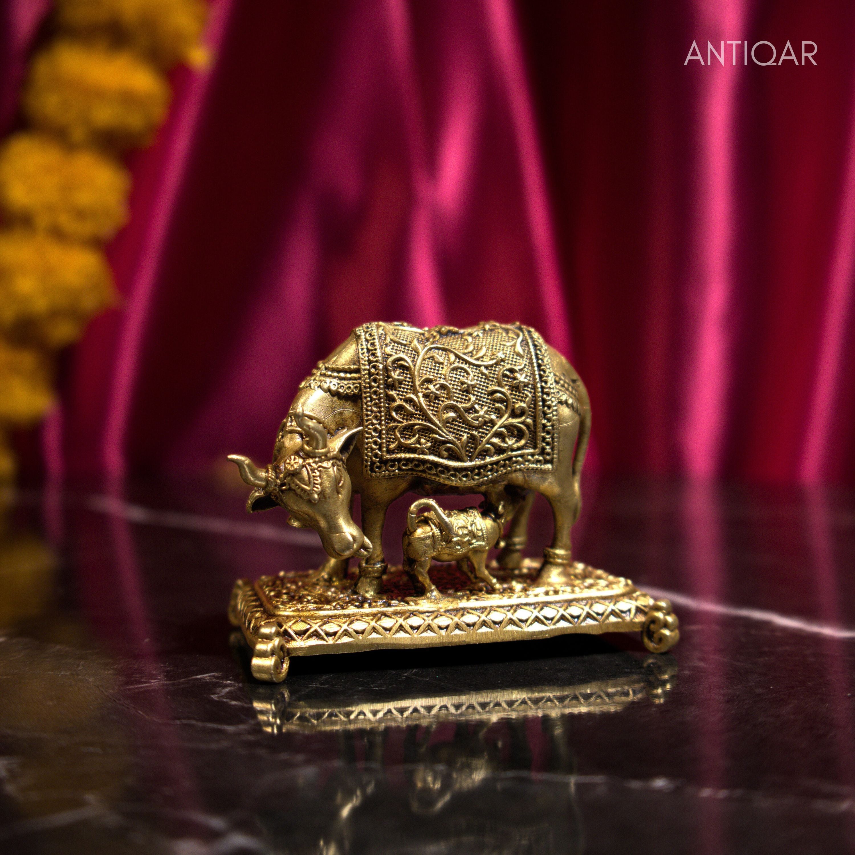 Brass Kamdhenu Cow & Calf Figurine - 4.5cm | Antique Golden Finish | Spritual use for Home, Temple & Dashboard Decor