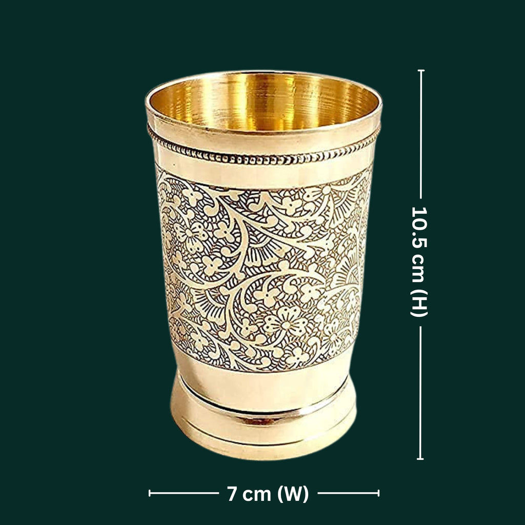 Brass Etching Design Glass - 10.5cm | Serve water & Milks | Antique Golden Finish | Traditional Mughlai Style use for serving in Kitchen, Festivals and Restaurents  (Pack of 6 set)