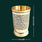 Brass Etching Design Glass - 10.5cm | Serve water & Milks | Antique Golden Finish | Traditional Mughlai Style use for serving in Kitchen, Festivals and Restaurents  (Pack of 6 set)