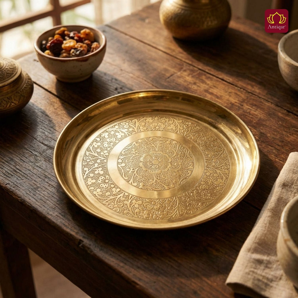 Brass Etching Design Plate - 2cm | Serve Main Course items in Lunch & Dinner | Antique Golden Finish | Traditional Mughlai Style use for serving in Kitchen, Festivals and Restaurents