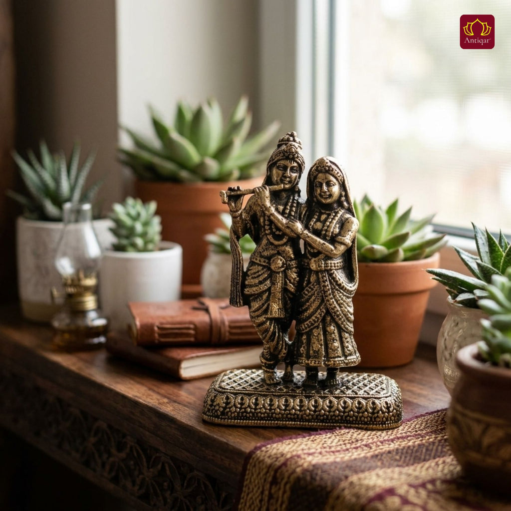 Brass Miniature RadhaKrishna Idol -4cm | Golden Finish | Spritual use for Home, Temple & Car Dashboard Decor
