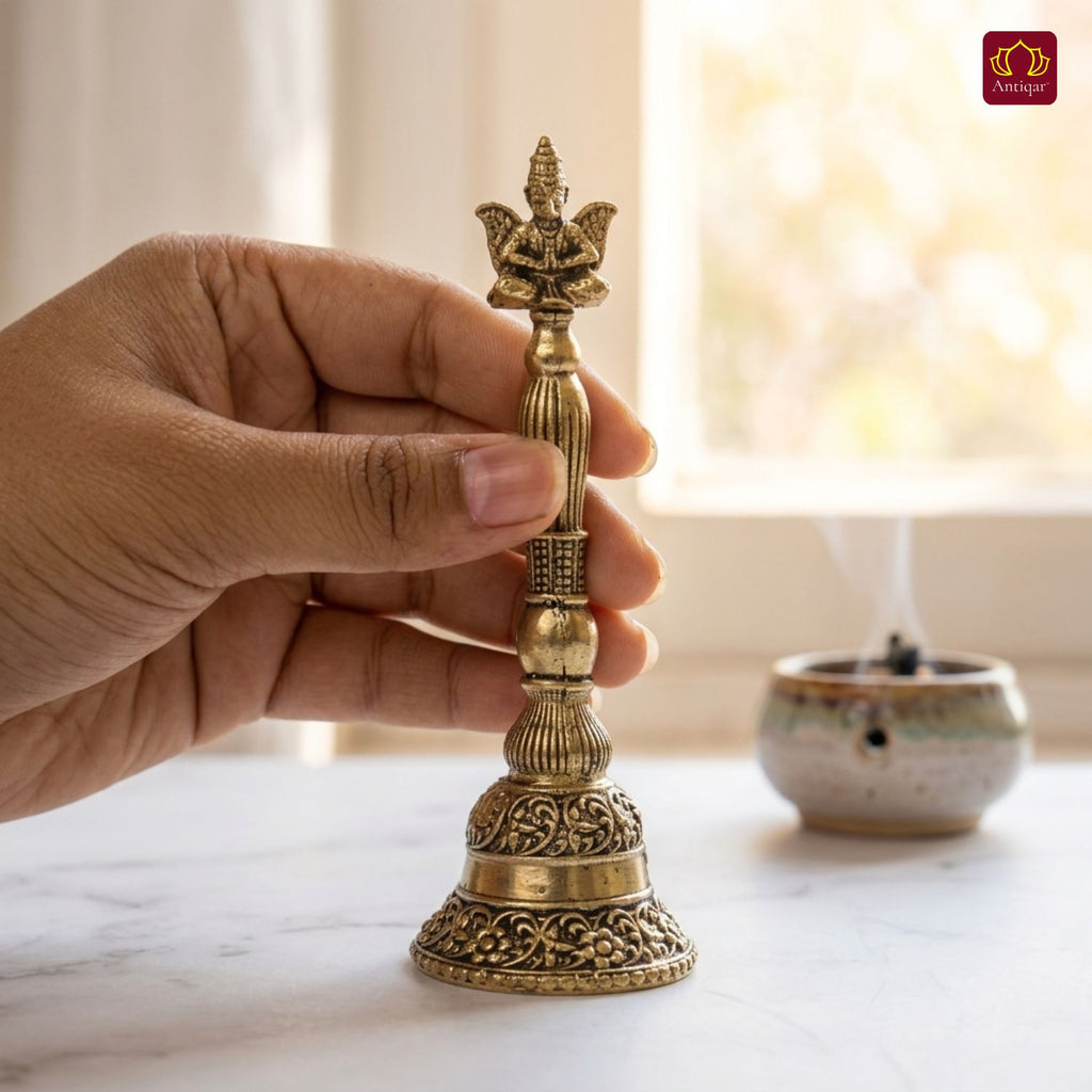 Brass Garud Ghanti - 12cm | Antique Finish | Spiritual Decor for Temple, Home & Table
