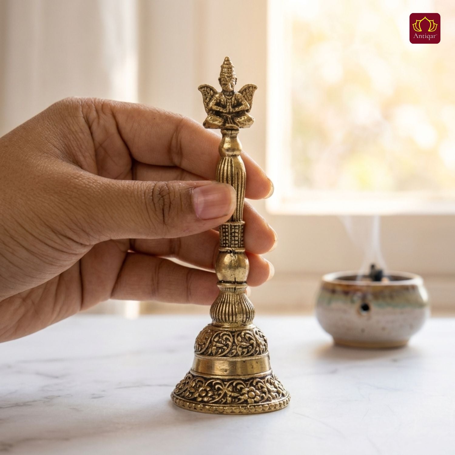 Brass Garud Ghanti - 12cm | Antique Finish | Spiritual Decor for Temple, Home & Table