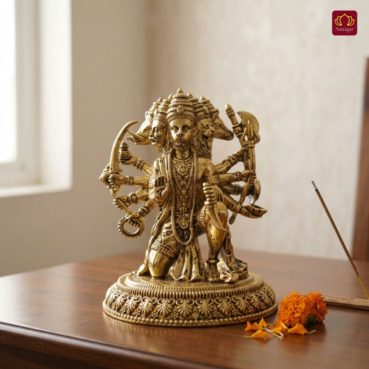 Brass Panchmukhi Hanuman Idol -8cm | Golden Finish | Spritual use for Home, Temple & Car Dashboard Decor