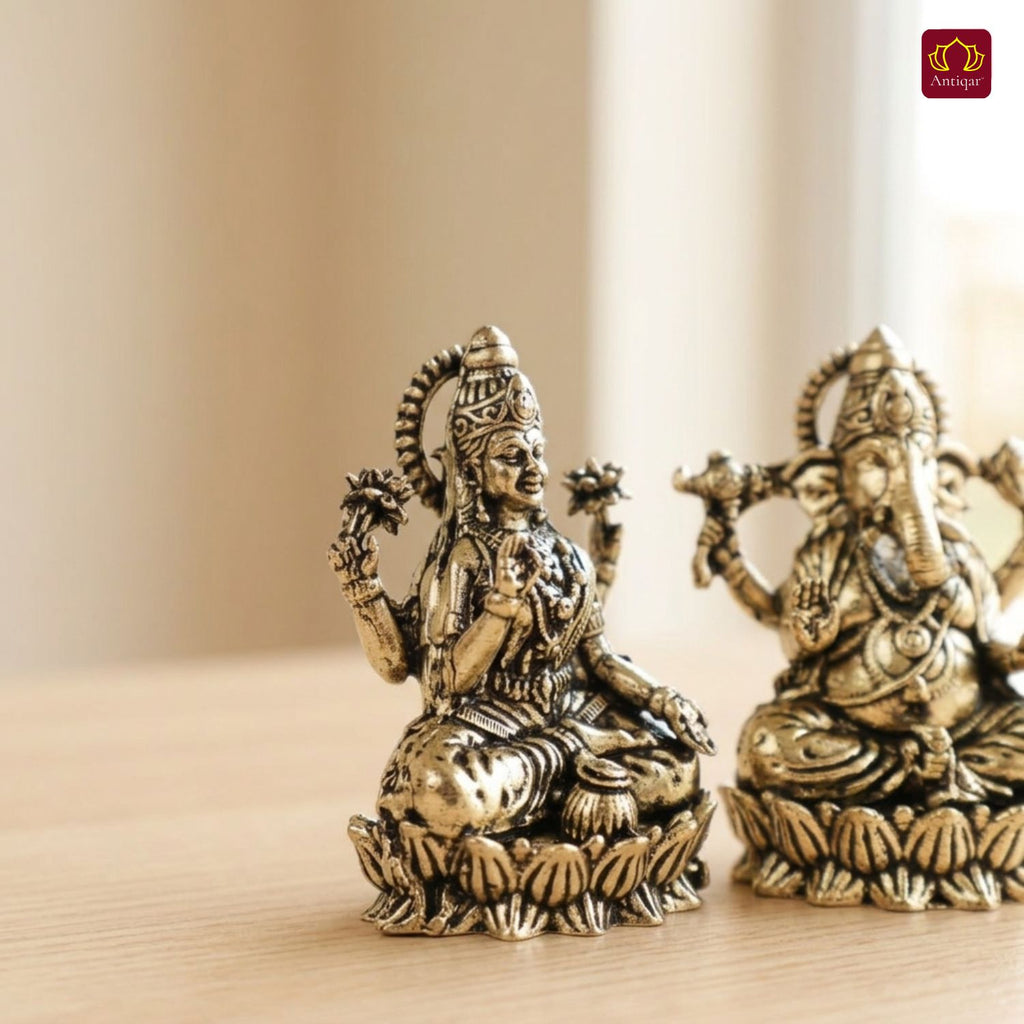 Brass Ganesh Laxmi pair Idol - 5cm| Sitting on Lotus | Antique Finish | Spiritual Decor for Temple, Home & Car Dashboard