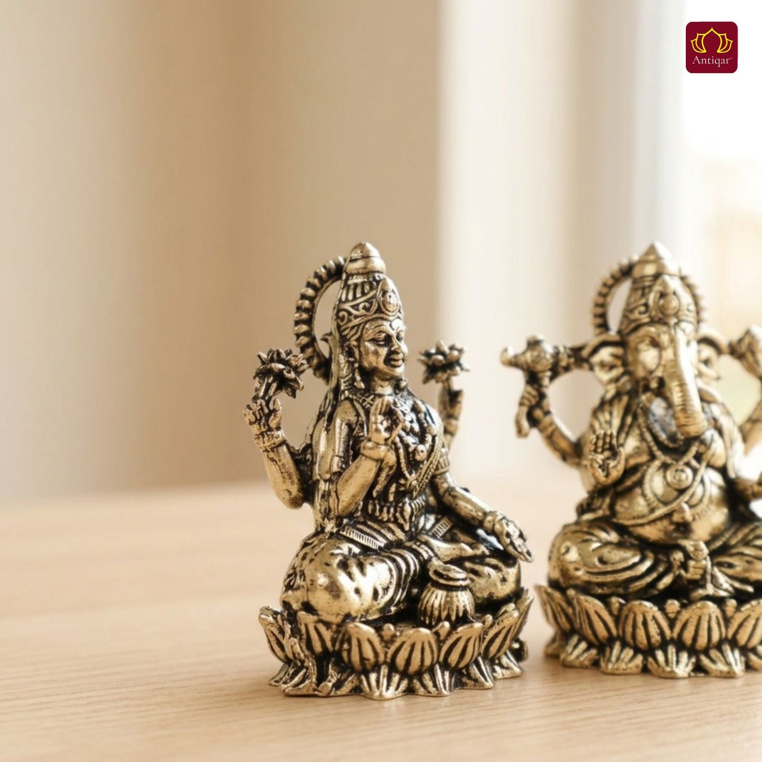 Brass Ganesh Laxmi pair Idol - 5cm| Sitting on Lotus | Antique Finish | Spiritual Decor for Temple, Home & Car Dashboard