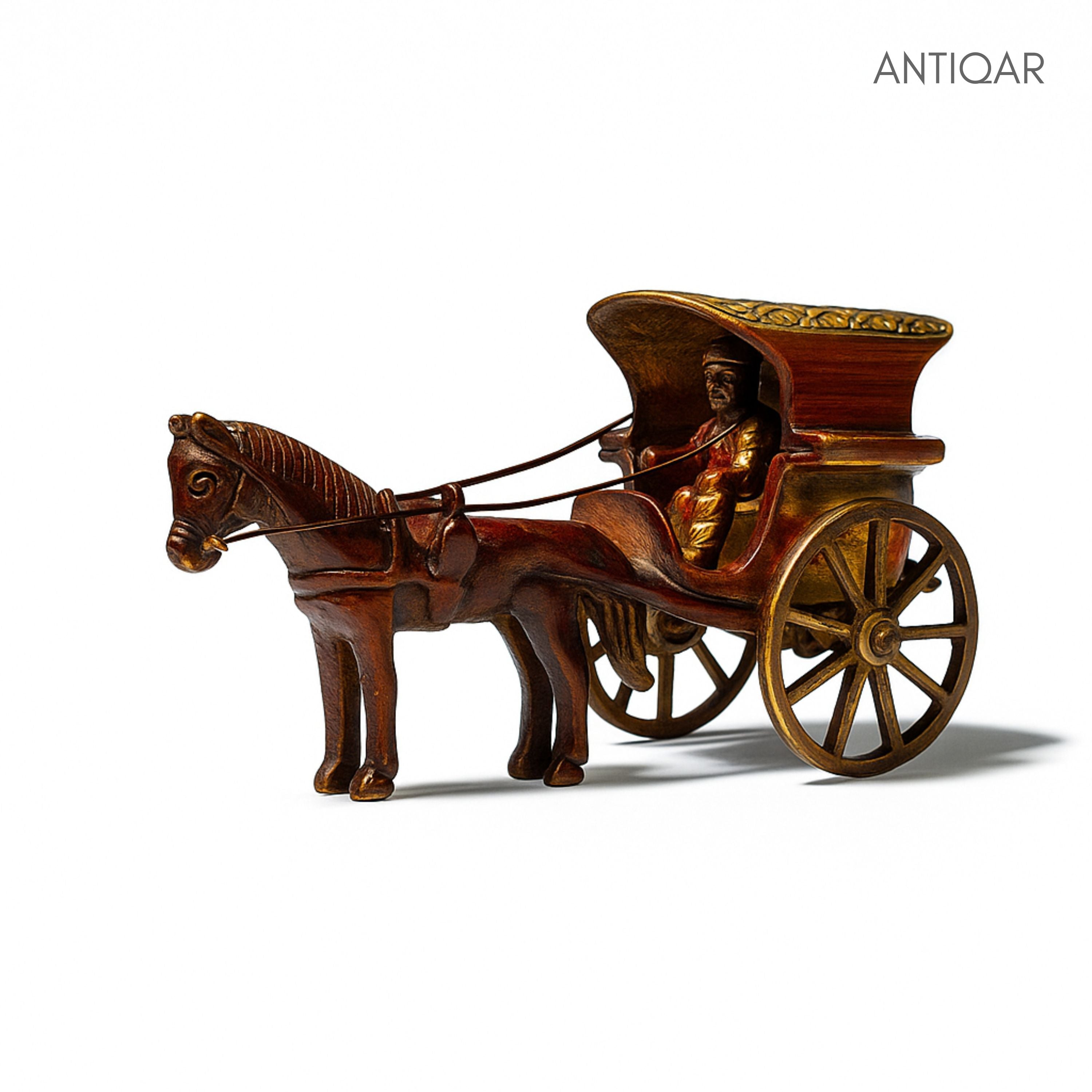 Brass Horse Cart Showpiece – 7.5 cm | Single Horse with Carved Roof | Antique Brown Colored Finish | Handcrafted Decor for Festival, Temple & Home