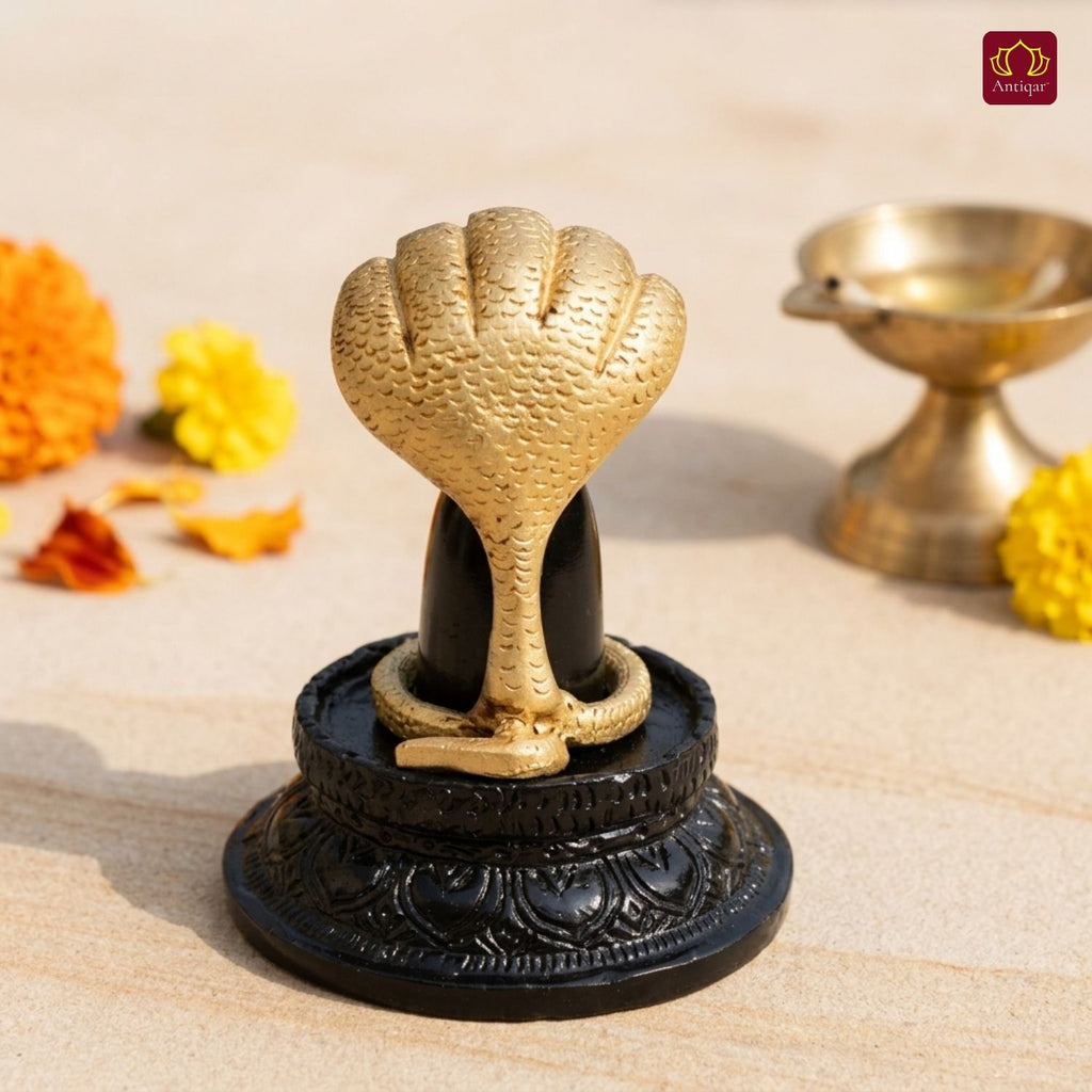 Brass Shivling with Detachable Sheshnaag – 10 cm | Black & Antique Golden Finish | Handcrafted Spiritual Idol for Temple, Home & Car Dashboard Decor