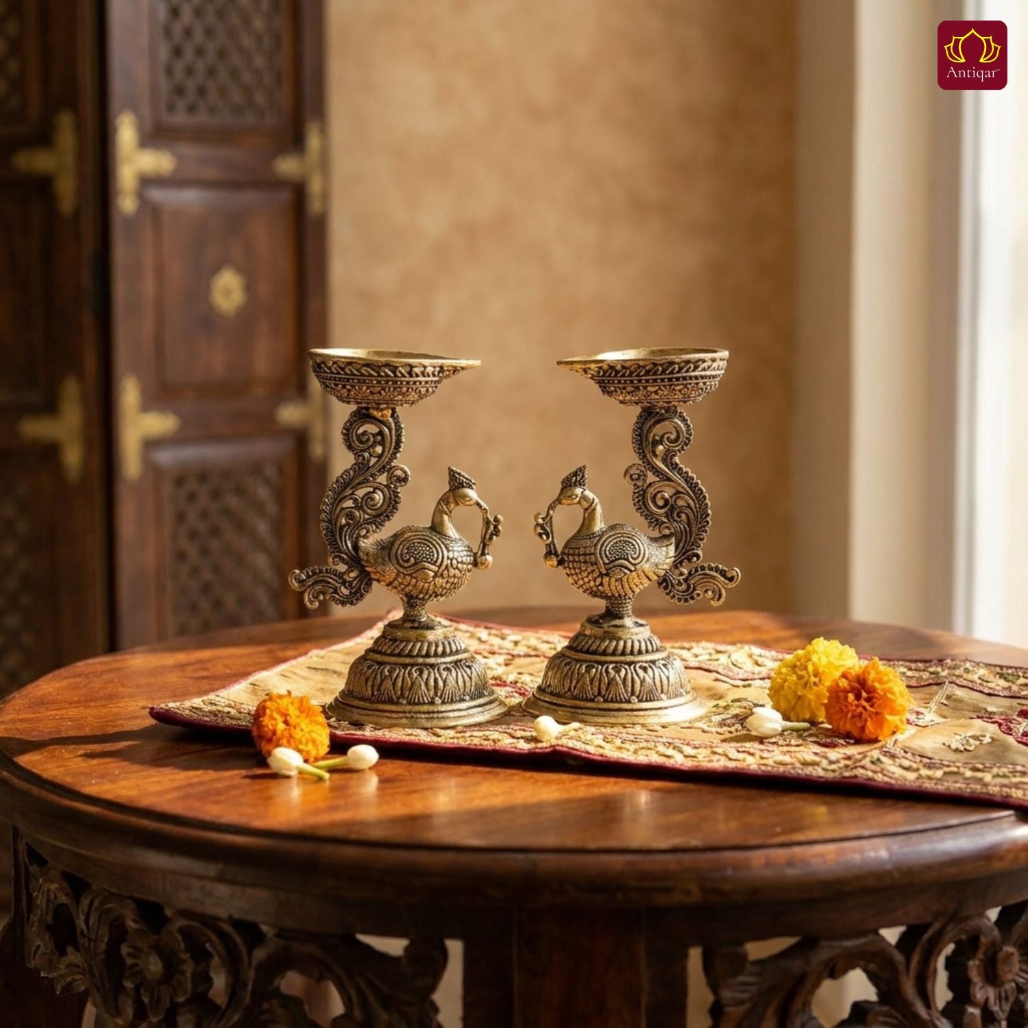 Brass Peacock Diya - 8cm | Antique Finish | Spritual use for Pooja, Temple & Festival Decor (Pack of 2)