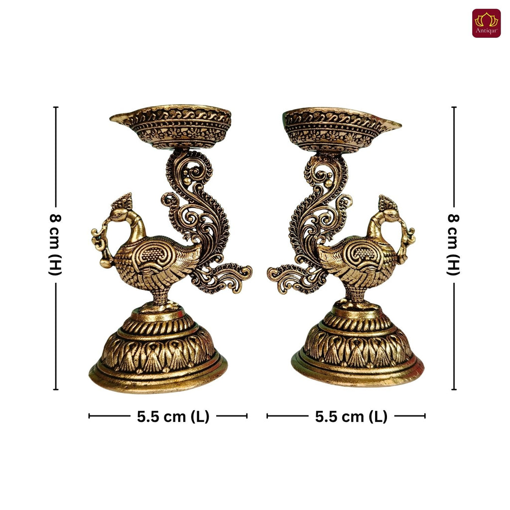 Brass Peacock Diya - 8cm | Antique Finish | Spritual use for Pooja, Temple & Festival Decor (Pack of 2)