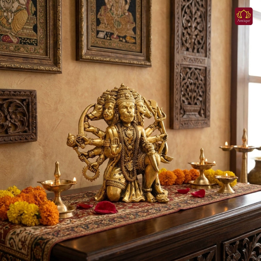 Brass Panchmukhi Hanuman Idol - 8cm | Antique Golden Finish | Spiritual Idol for Temple & Home Decor