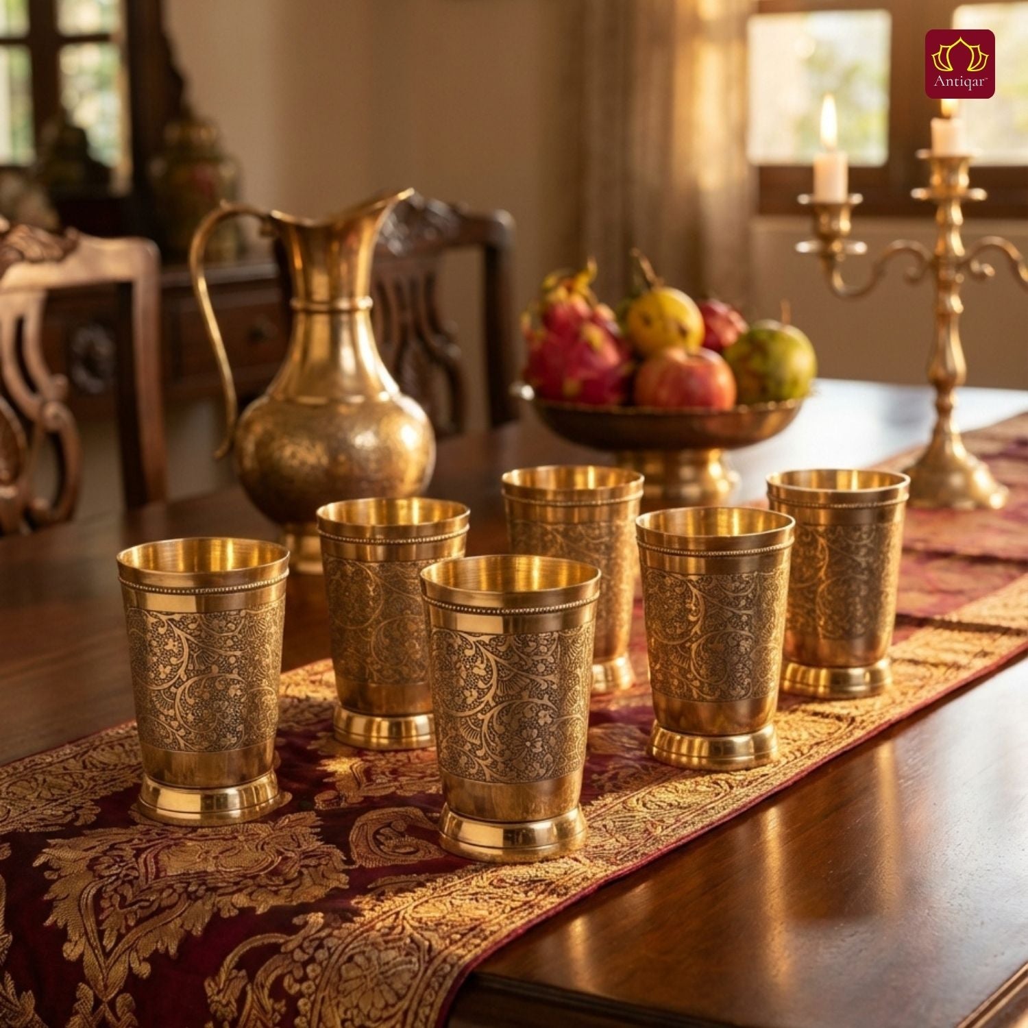Brass Etching Design Glass - 10.5cm | Serve water & Milks | Antique Golden Finish | Traditional Mughlai Style use for serving in Kitchen, Festivals and Restaurents  (Pack of 6 set)