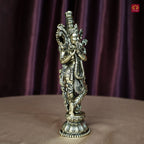 Brass Lord Krishna Idol Playing with Flute - 15cm | Antique Finish | Handcrafted Artwork | Home & Office Decor | Ideal for Gifting & Spiritual Blessings