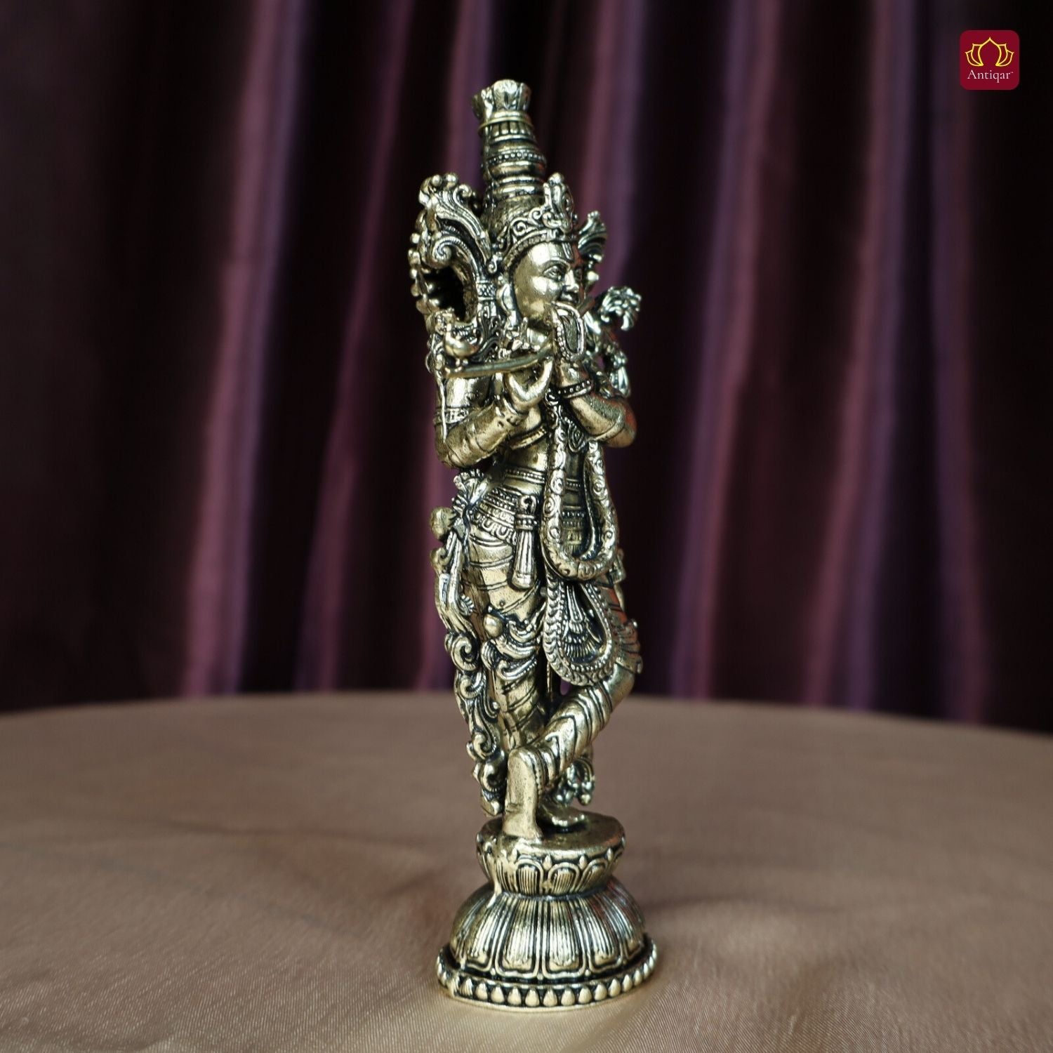 Brass Lord Krishna Idol Playing with Flute - 15cm | Antique Finish | Handcrafted Artwork | Home & Office Decor | Ideal for Gifting & Spiritual Blessings