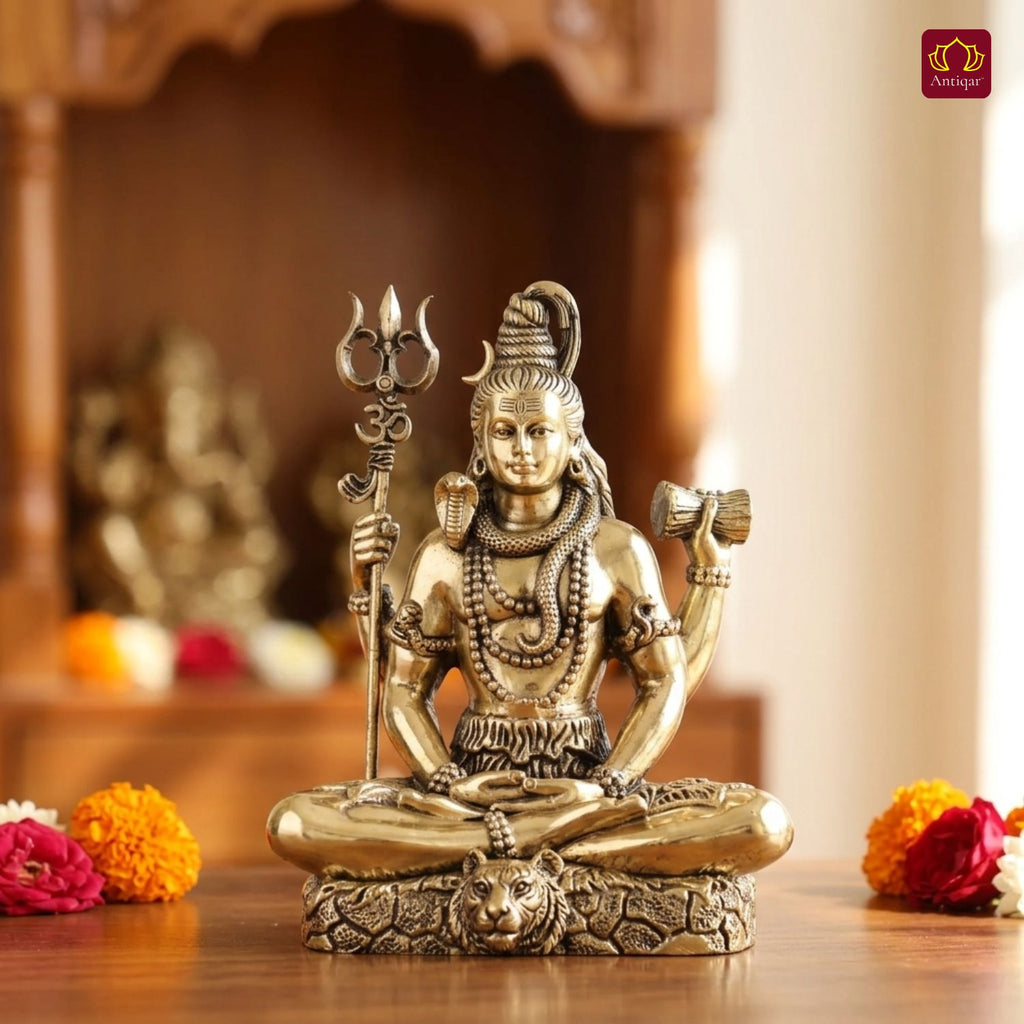 Brass Shiv Ji Idol - 8 cm | Antique Finish with Trisul | Spiritual use for Temple, Home & Car Decor