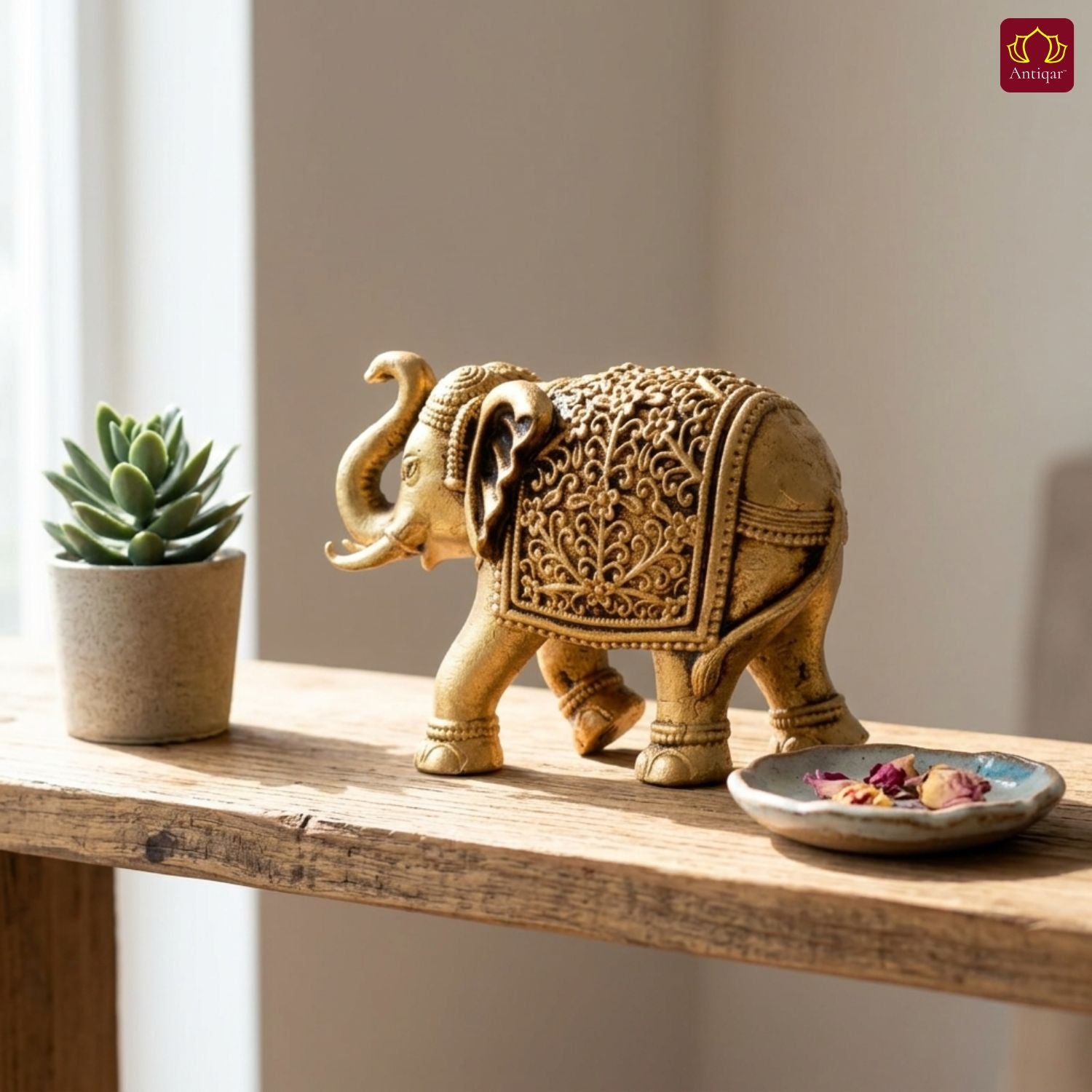 Brass Elephant Showpiece in Vintage Design - 4cm | Antique Golden Finish | Decorative Figurines for Temple, Home & Office