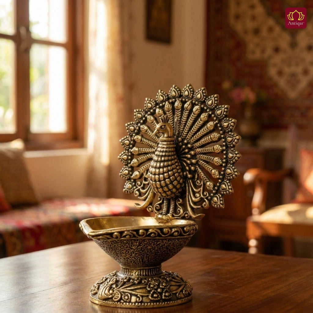 Brass Dancing Peacock on Diya - 7.5cm | Antique Finish | Spritual use for Pooja, Temple & Festival Decor
