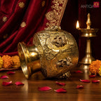Brass Ashta Lakshmi Kalash - 14cm | Antique Yellow Finish | Spritual use for Pooja, Temple & Festival Decor