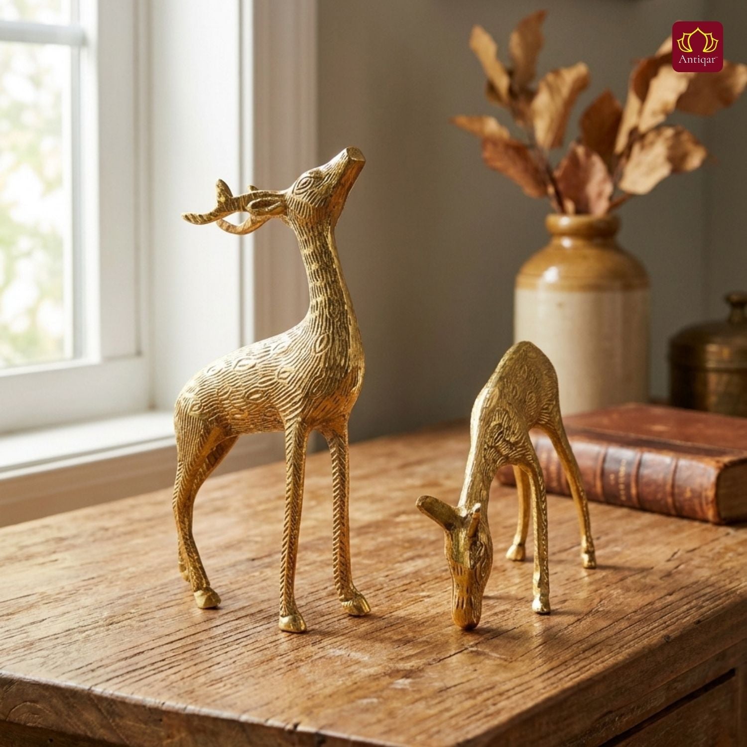 Brass Couple Deer Showpiece -17cm | Premium Superfine Finish | Handcrafted Decor Piece for Living Spaces | Ideal for Gifting
