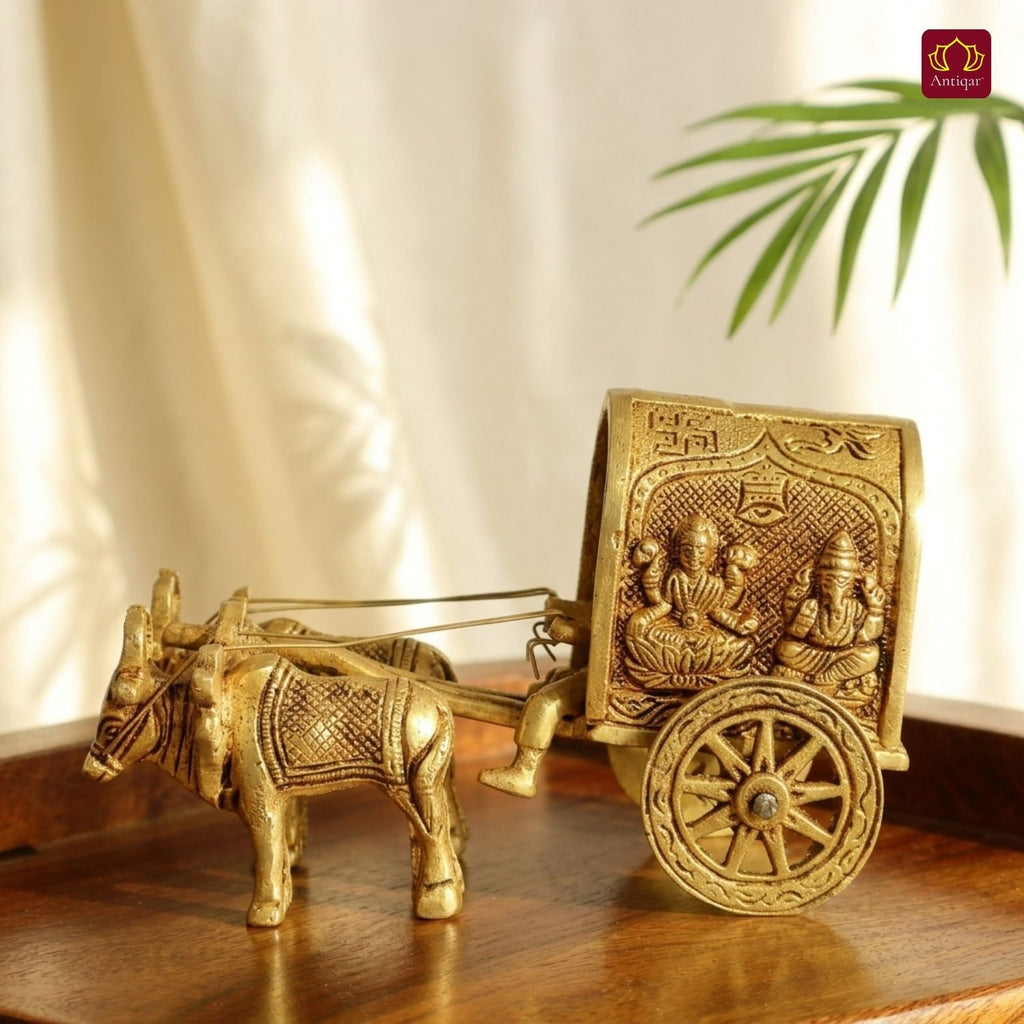 Brass Bullock Cart Showpiece – 10 cm | With Lakshmi & Ganesh Carving on Sides | Antique Golden Finish | Handcrafted Decor for Temple, Home & Festival Use