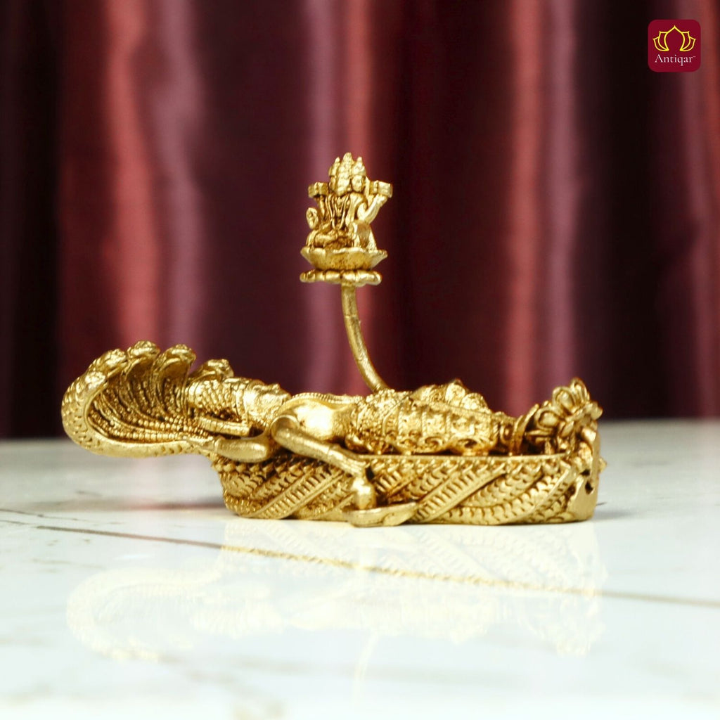 Brass Padmanabha Swamy Idol(Shesha-Shayi Lord Vishnu) - 5cm | Antique Finish | Spiritual Idol for Temple, Home & Car Dashboard Decor