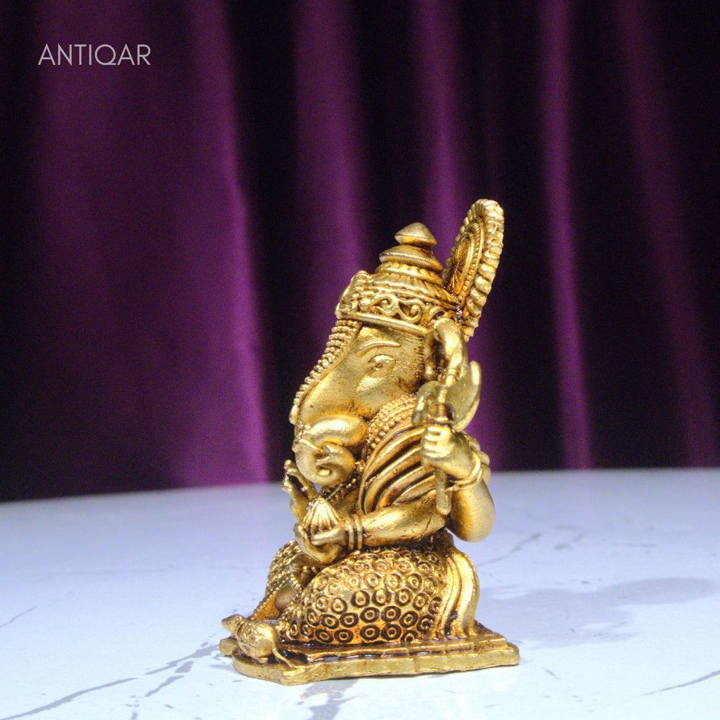 Brass Ganesh Idol - 6.5cm | Antique Finish | Spritual use for Home, Temple & Car dashboard Decor