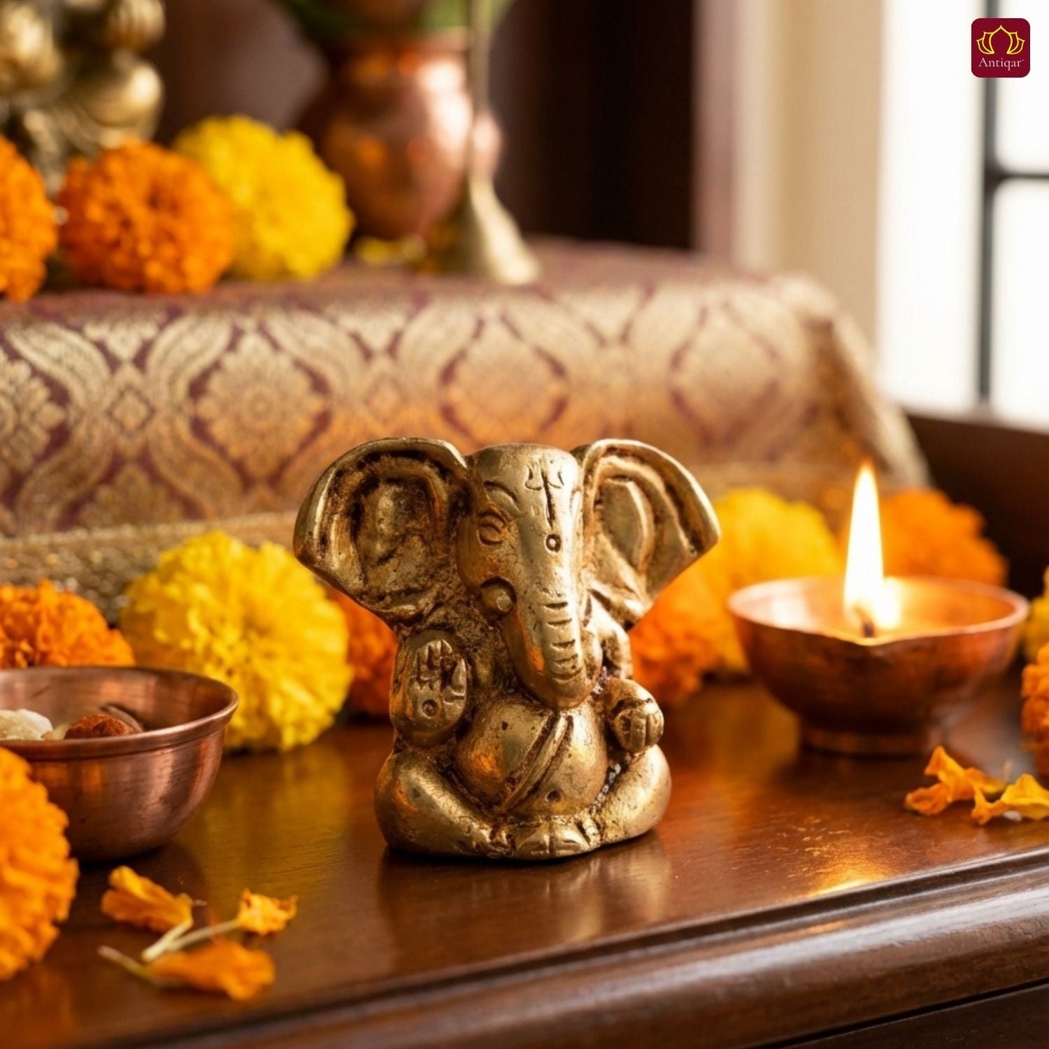 Brass Appu Ganesha Idol – 5 cm | Sitting Position | Antique Golden Finish | Handcrafted Decor for Temple, Home & Festival Use