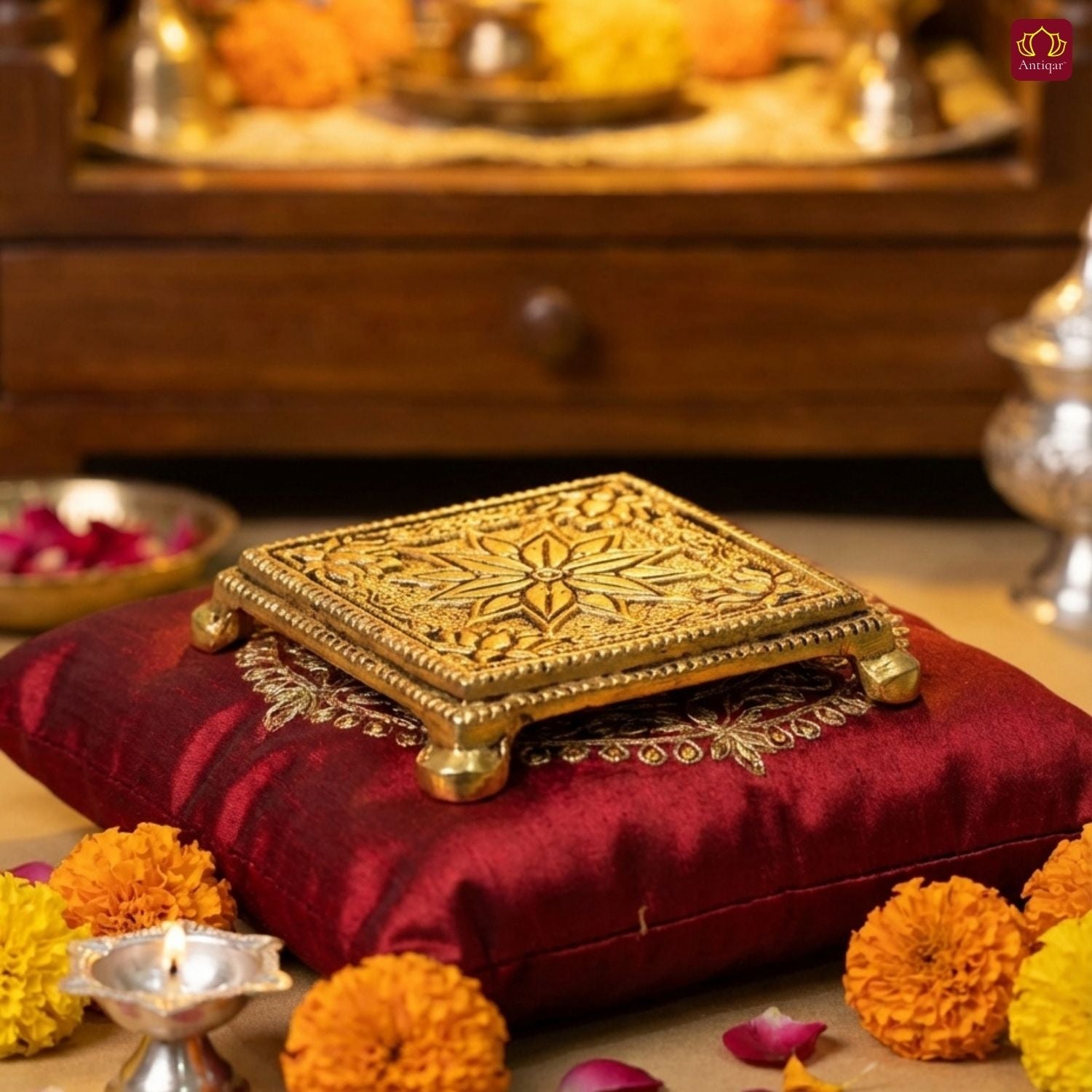 Brass Chauki for Idols – 2 cm | Antique Golden Finish | Handcrafted Religious Stand for Temple, Home & Festival Decor