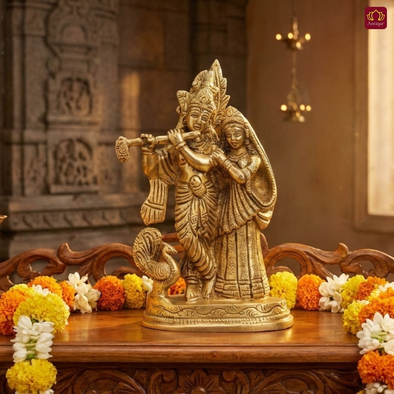 Radha Krishna Brass Idol with Peacock | Krishna Playing Flute with Radha | Handcrafted Single Piece for Home, Temple & Vehicle Decor