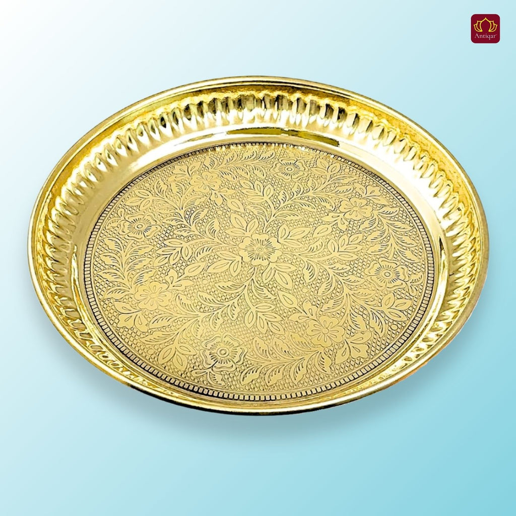 Brass Etching Floral Design Plate - 2cm | Serve Main Course items in Lunch & Dinner | Antique Golden Finish | Traditional Mughlai Style use for serving in Kitchen, Festivals and Restaurents