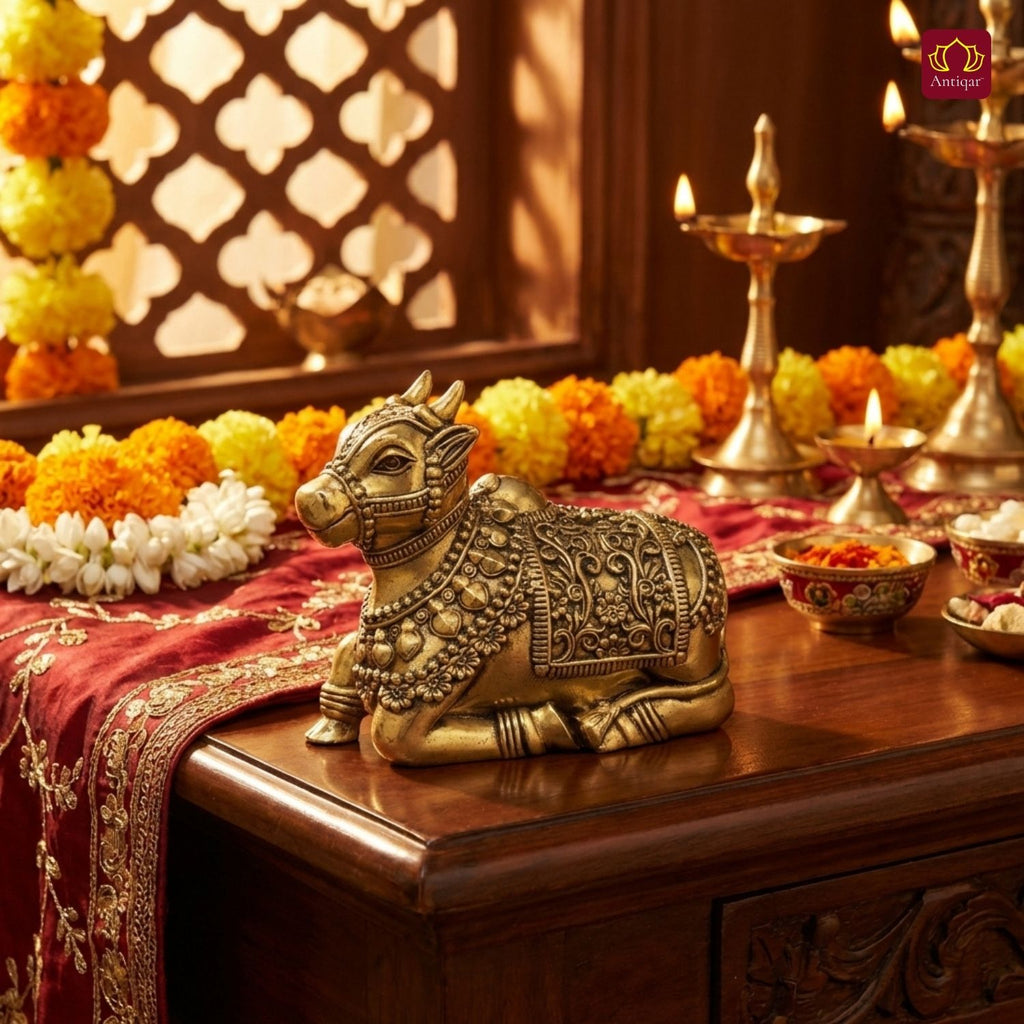 Brass Nandi Figurine - 6cm | Antique Finish | Spritual use for Home, Temple & Car Dashboard Decor