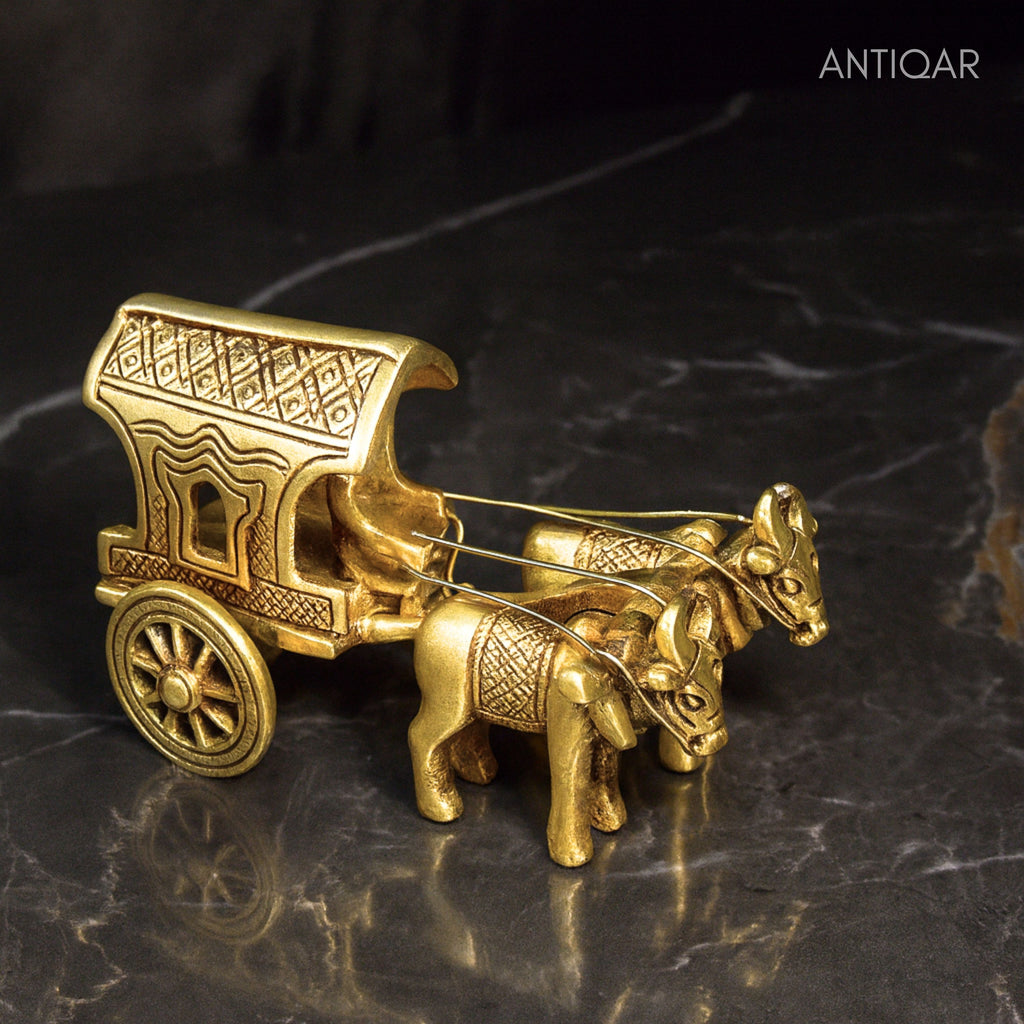 Brass Decorative Jharokha Bullock Cart Showpiece -7cm | Antique Golden Finish | Handicraft Decorative Showpiece for Home, Table & Office Decor