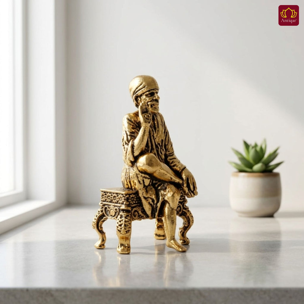 Brass Saibaba Idol - 6.5cm | Golden Finish | Spritual use for Home, Temple & Car dashboard Decor