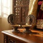 Brass Dancing Peacock on Diya - 7.5cm | Antique Finish | Spritual use for Pooja, Temple & Festival Decor (Pack of 2)