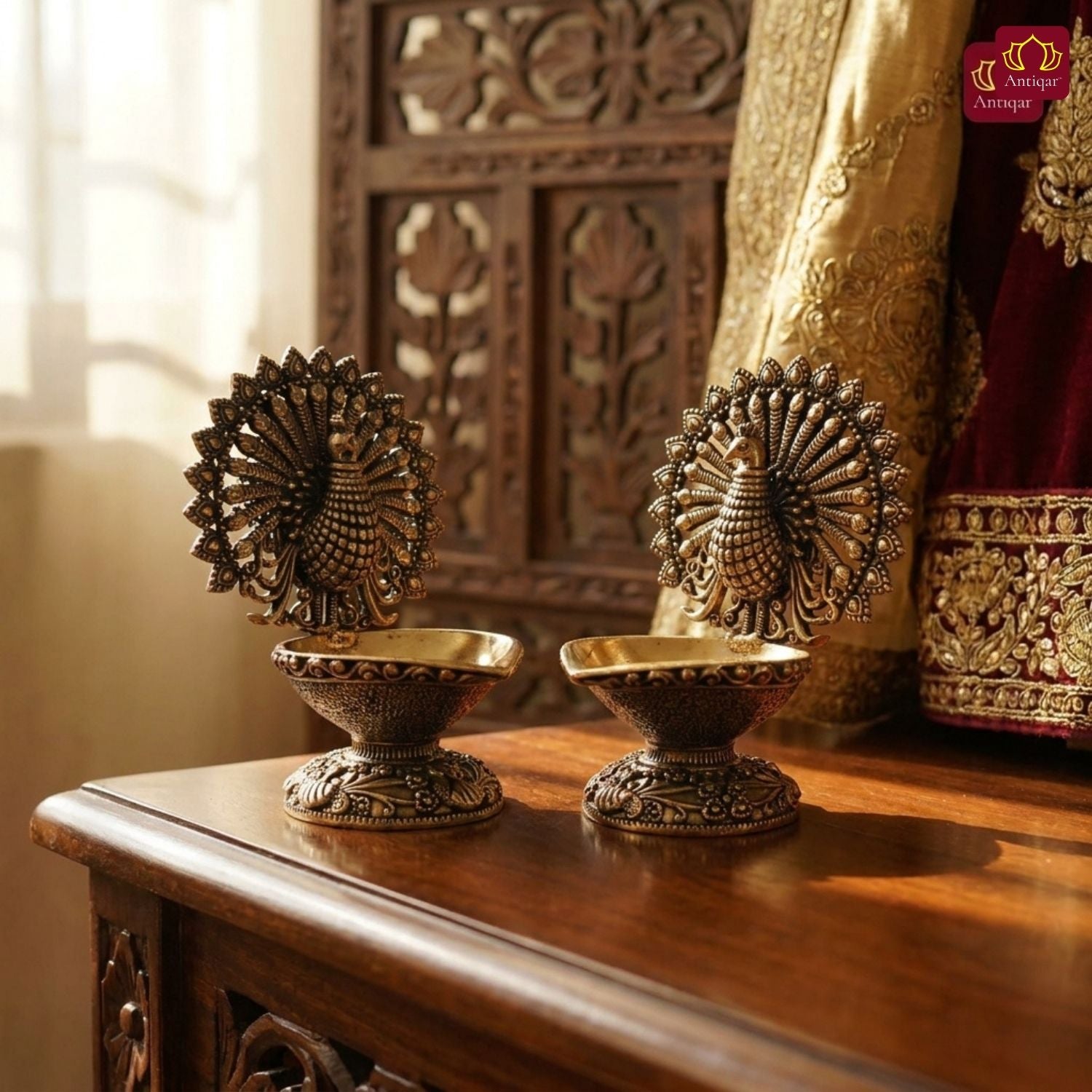 Brass Dancing Peacock on Diya - 7.5cm | Antique Finish | Spritual use for Pooja, Temple & Festival Decor (Pack of 2)