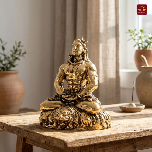 Brass Adiyogi Lord Shiva Idol - 5cm | Golden Finish | Spiritual Idol for Temple & Home Decor