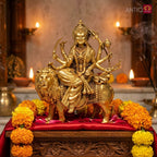 Brass Sherawali Maa Idol - 10cm | Sitting on Lion | Antique Golden Finish | Spiritual Idol for Temple & Home Decor