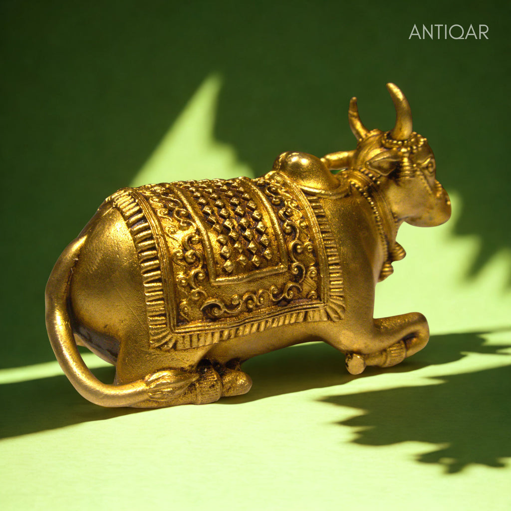 Brass Nandi Figurine - 5cm | Antique Golden Finish | Spritual use for Home, Temple & Car Dashboard Decor