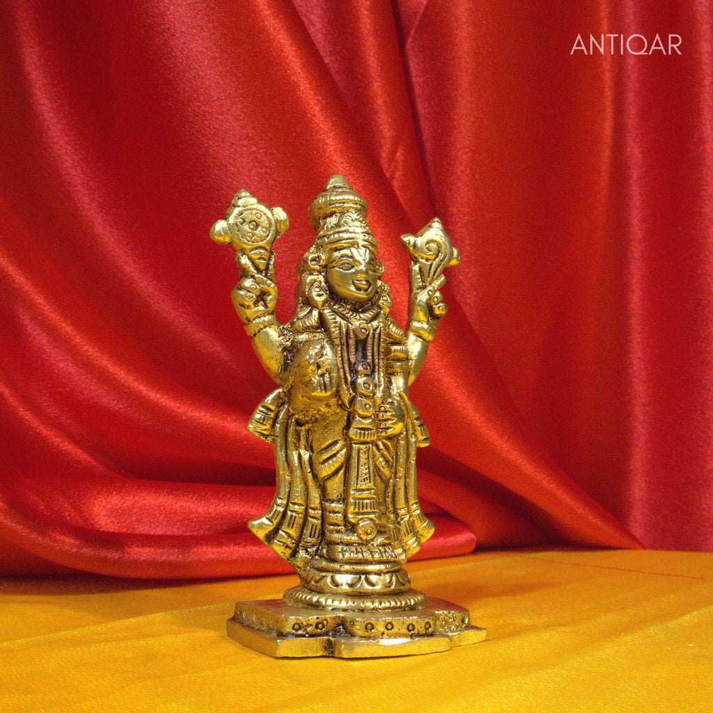 Brass Tirupathi Balaji Idol - 11.5cm | Antique Golden Finish | Handcrafted Idol for Temple, Home & Car Dashboard