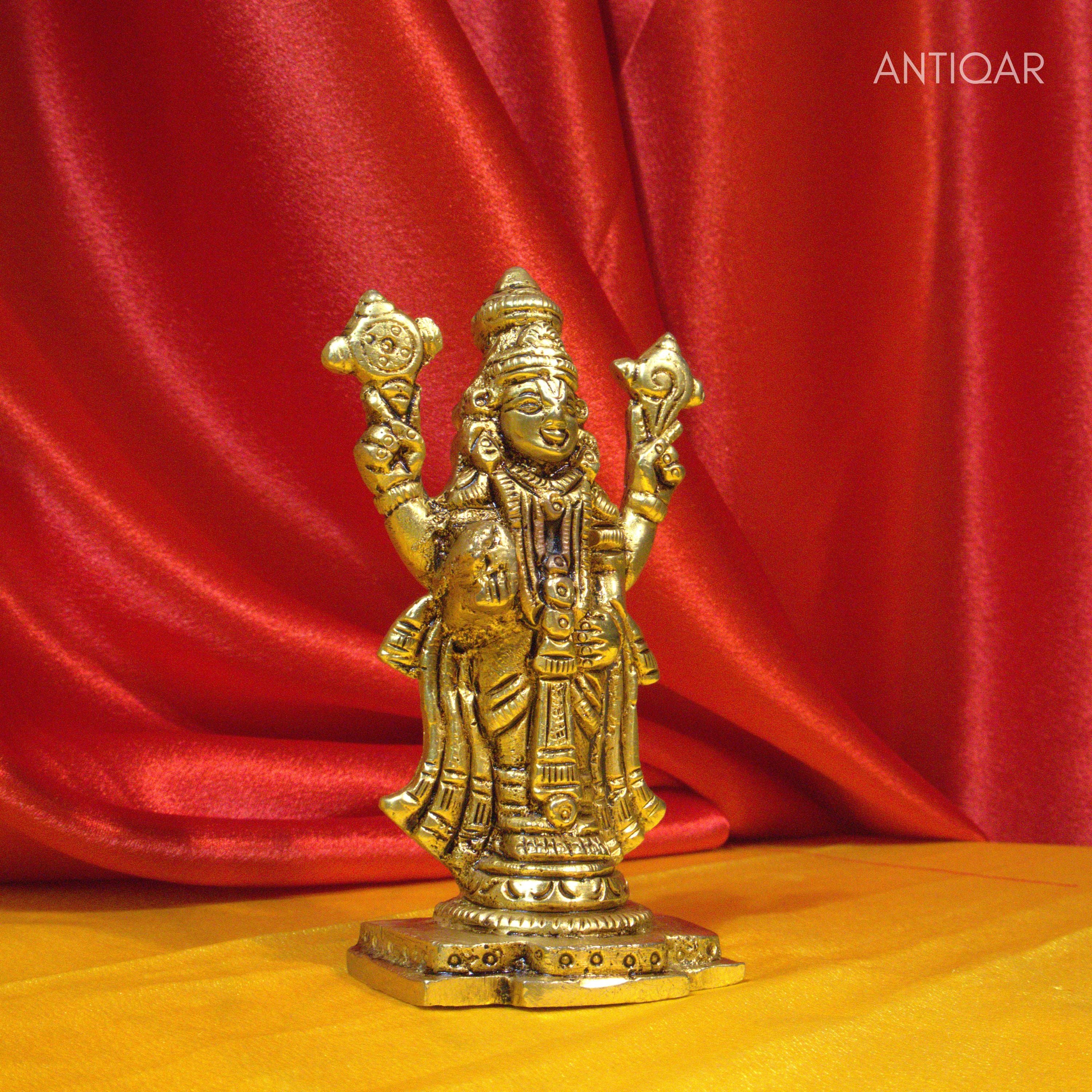 Brass Tirupathi Balaji Idol - 11.5cm | Antique Golden Finish | Handcrafted Idol for Temple, Home & Car Dashboard