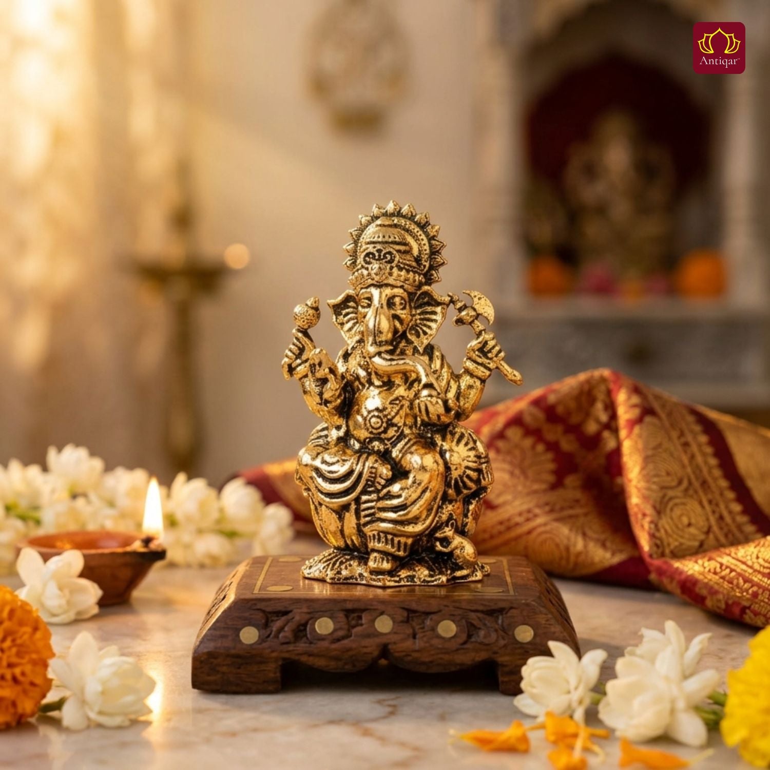 Brass Ganesh JI Idol - 5cm | Golden Finish | Spiritual Decor for Temple, Home & Car Dashboard