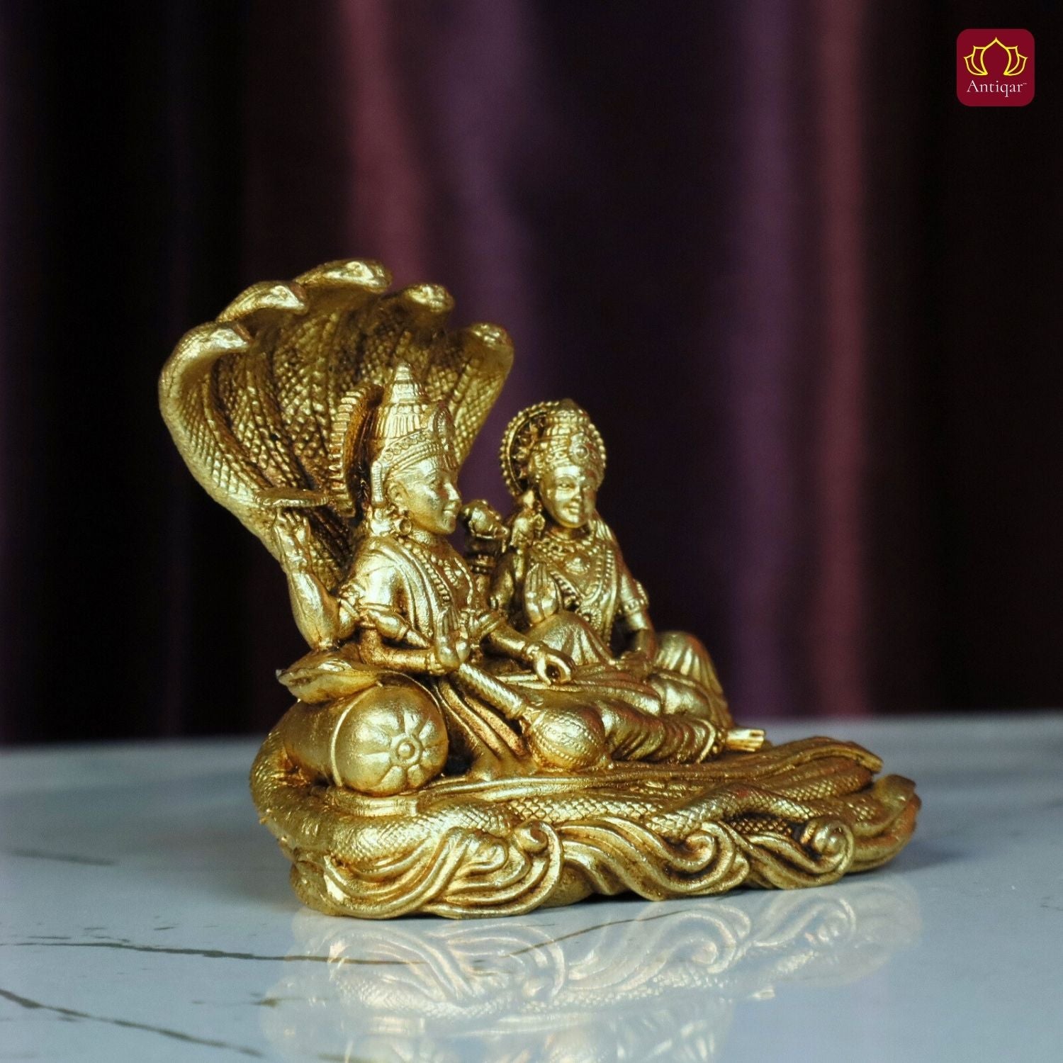 Brass Lakshmi Narayan Idol - 5cm  | Antique Golden Finish | Spiritual Idol for Temple, Home & Car Dashboard Decor