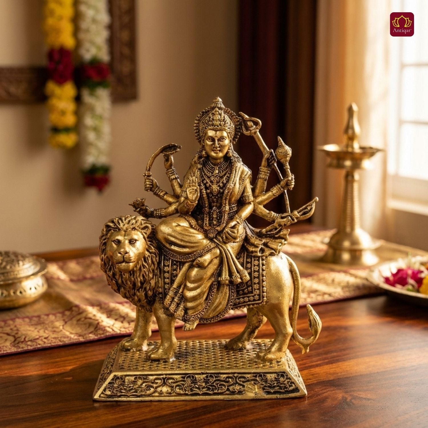 Brass Sherawali Maa Idol - 10.5cm | Antique Golden Finish | Spiritual Idol for Temple & Home Decor